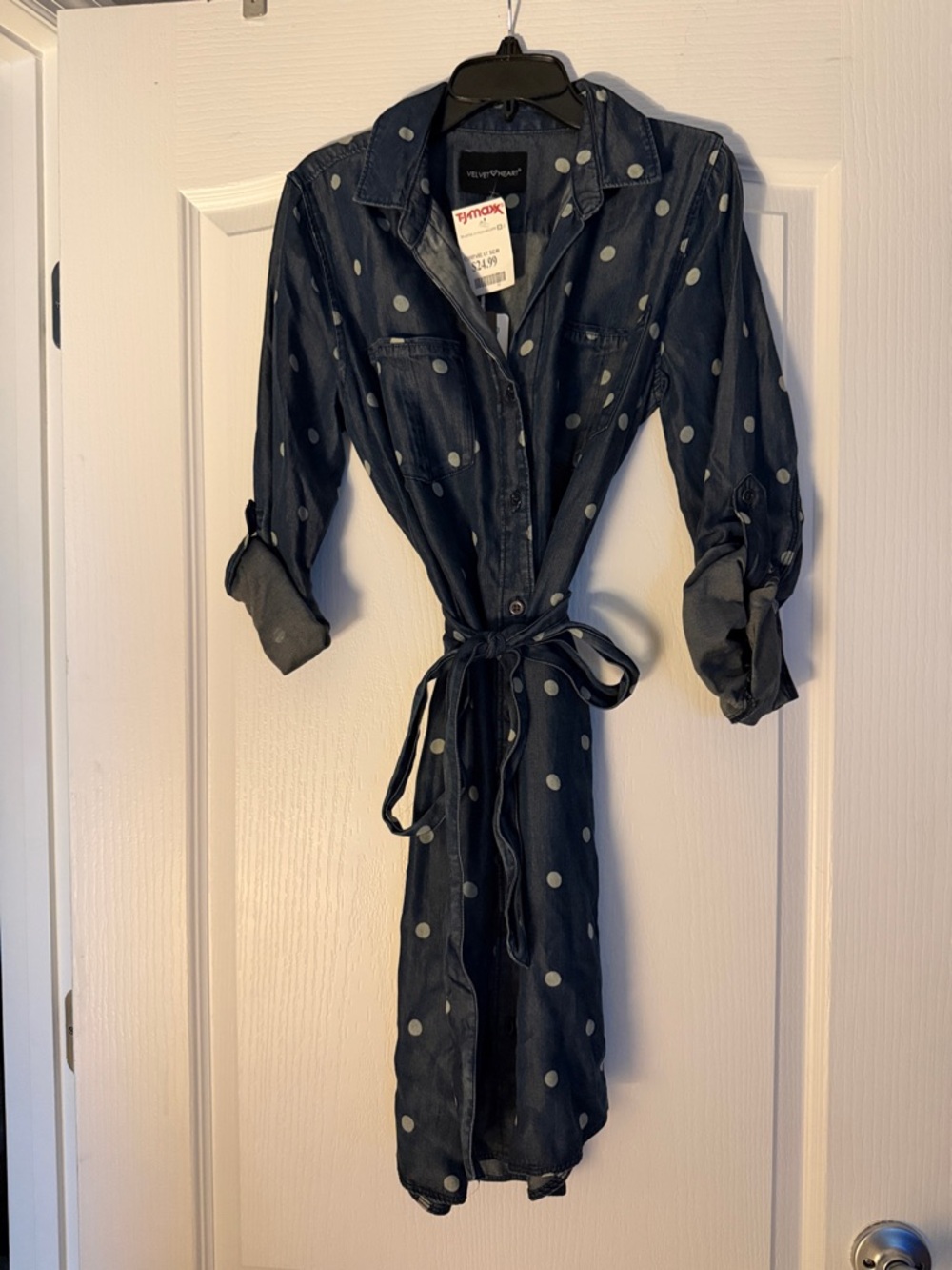 Velvet Heart Navy Denim Shirt Dress with Light Gray Polka Dots